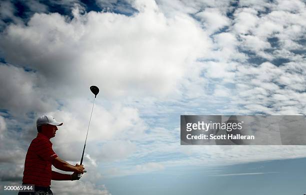 Jordan Spieth of the United States watches his tee shot on the fourth hole during the third round of the Hero World Challenge at Albany, The Bahamas...