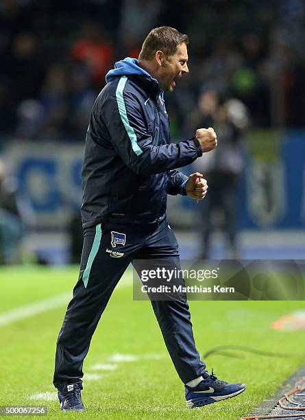 Head coach Pal Dardai of Berlin shows his delight after winning the Bundesliga match between Hertha BSC and Bayer Leverkusen at Olympiastadion on...