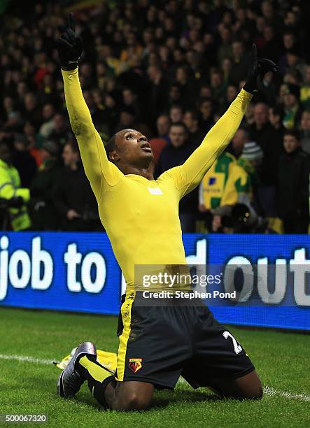Odion Ighalo of Watford celebrates scoring his team's second goal during the Barclays Premier League match between Watford and Norwich City at...