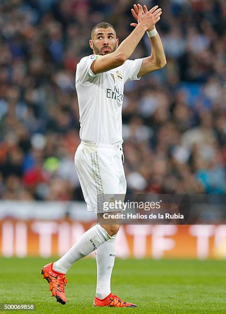 Karim Benzema of Real Madrid applauds to fans during the La Liga match between Real Madrid CF and Getafe CF at Estadio Santiago Bernabeu on December...