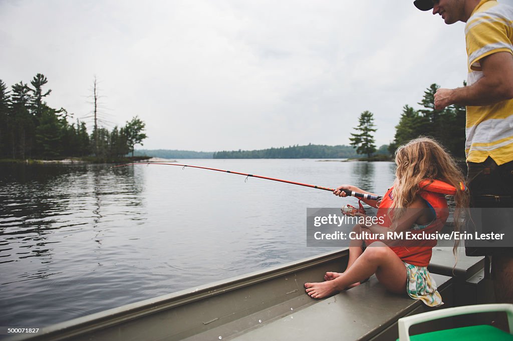 Father and daughter fishing from boat on river