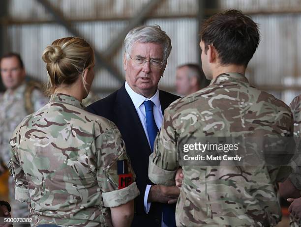 Secretary of State for Defence Michael Fallon talks with Operation SHADER personnel at RAF Akrotiri on December 5, 2015 in Akrotiri, Cyprus. The RAF...