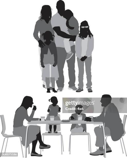 ilustraciones, imágenes clip art, dibujos animados e iconos de stock de familia en diversas medidas - familia comiendo