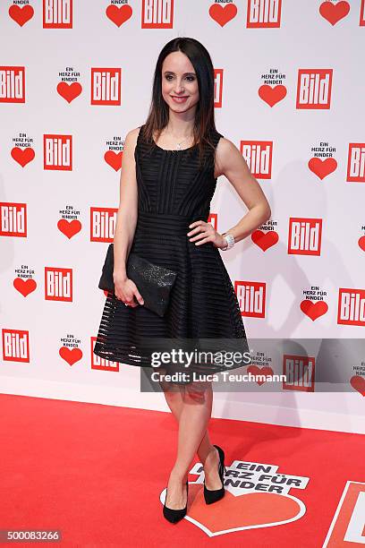 Stephanie Stumph arrives for the Ein Herz Fuer Kinder Gala 2015 at Tempelhof Airport on December 5, 2015 in Berlin, Germany.