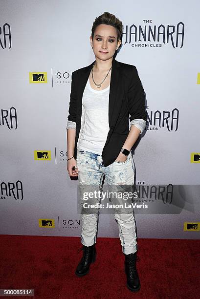 Actress Bex Taylor-Klaus attends the premiere of "The Shannara Chronicles" at iPic Theaters on December 4, 2015 in Los Angeles, California.