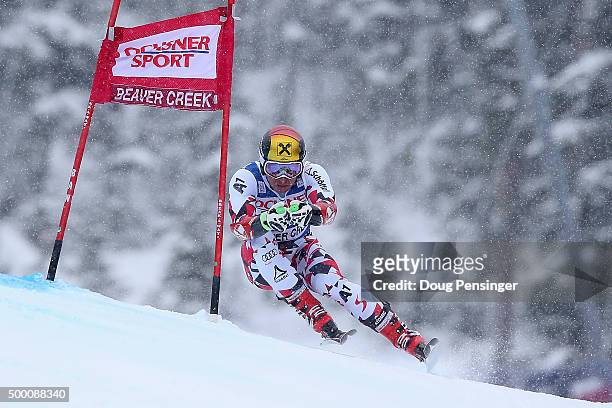 Marcel Hirscher of Austria skis to first place in the men's Super G at the 2015 Audi FIS Ski World Cup on the Birds of Prey on December 5, 2015 in...
