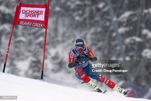 Ted Ligety of the United States skis to second place in the men's Super G at the 2015 Audi FIS Ski World Cup on the Birds of Prey on December 5, 2015...