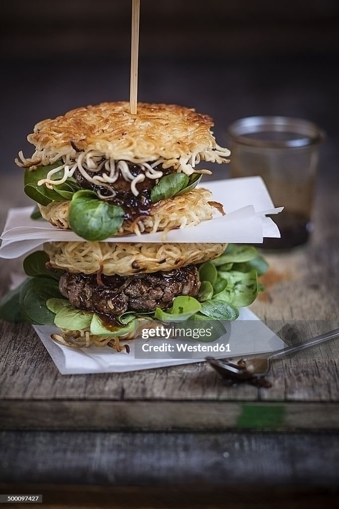 Ramen burgers, with beef patties and lamb's lettuce