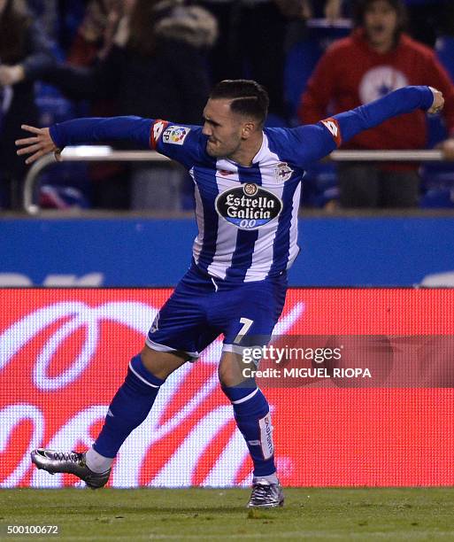 Deportivo La Coruna's midfielder Lucas Perez celebrates a goal during the Spanish league football match RC Deportivo de la Coruna vs Sevilla FC at...