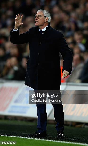 Leicester manager Claudio Ranieri gives instructions during the Barclays Premier League match between Swansea City and Leicester City at Liberty...