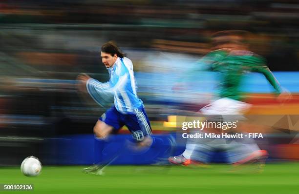 Lionel Messi of Argentina in action during the 2010 FIFA World Cup South Africa Round of Sixteen match between Argentina and Mexico at Soccer City...