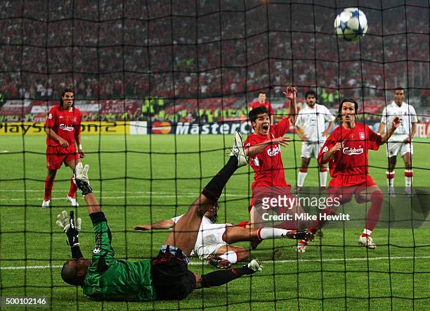 Liverpool midfielder Xabi Alonso of Spain scores the third goal during the European Champions League final between Liverpool and AC Milan on May 25,...