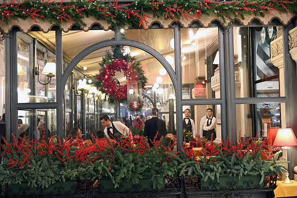 General view of a Christmas decorations in a restaurant window on December 5, 2015 in Milan, Italy.