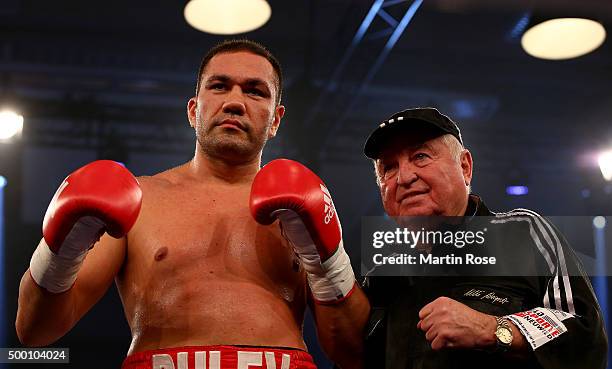 Kubrat Pulev of Bulgaria celebrate victory over Maurice Harris of USA after their heavyweight fight at Inselparkhalle on December 5, 2015 in Hamburg,...
