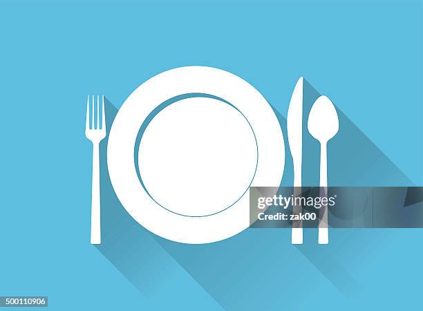 teller mit besteck und lange schatten - mittagessen stock-grafiken, -clipart, -cartoons und -symbole