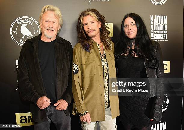 Kris Kristofferson, Steven Tyler and Mia Tyler attend the Imagine: John Lennon 75th Birthday Concert at The Theater at Madison Square Garden on...
