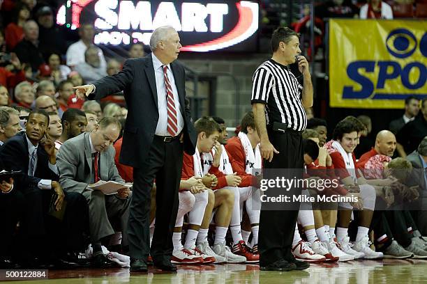 Head Coach Bo Ryan of the Wisconsin Badgers reacts to a foul during the game against the Temple Owls at Kohl Center on December 05, 2015 in Madison,...