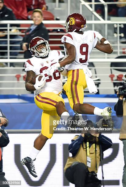 Jahleel Pinner and JuJu Smith-Schuster of the USC Trojans celebrates after Pinner scored a touchdown against the Stanford Cardinal during the third...