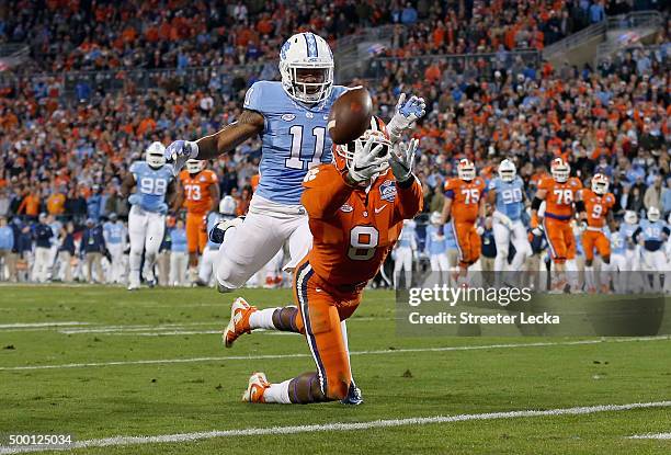 Deon Cain of the Clemson Tigers dives for the ball against the North Carolina Tar Heels in the 2nd quarter during the Atlantic Coast Conference...