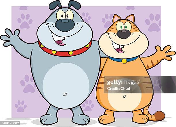 dog and cat hugging with background - paw prints inside stock pictures, royalty-free photos & images