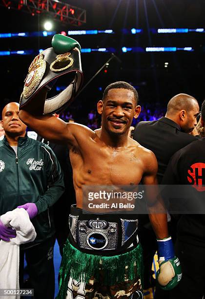 Danny Jacobs celebrates after defeating Peter Quillin during their WBA Middleweight Championship bout on December 5, 2015 in the Brooklyn borough of...