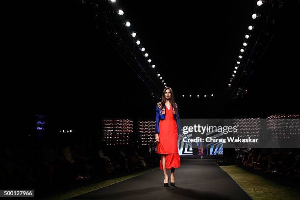 Model walks the runway at the Masaba Gupta show during day 2 of Blenders Pride Fashion Tour held at the Grand Hyatt on December 5, 2015 in Mumbai,...