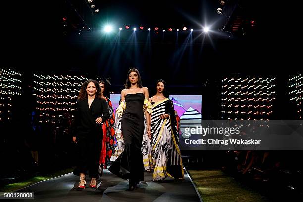 Masaba Gupta walks the runway with models during day 2 of Blenders Pride Fashion Tour held at the Grand Hyatt on December 5, 2015 in Mumbai, India.