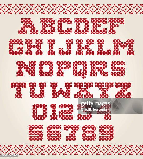 bildbanksillustrationer, clip art samt tecknat material och ikoner med cross stitched alphabet set with border design - woven