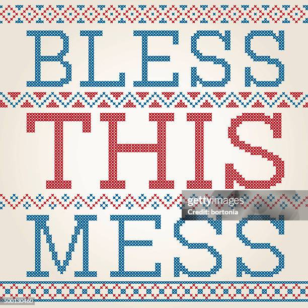 cross stitched bless this mess decoration with border design - cross stitch stock illustrations