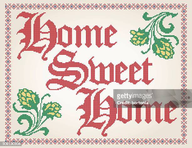 stockillustraties, clipart, cartoons en iconen met cross stitched home sweet home decoration with border design - stiksel