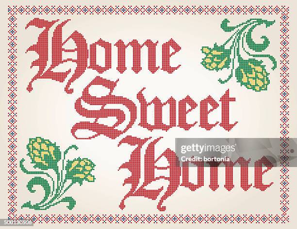 bildbanksillustrationer, clip art samt tecknat material och ikoner med cross stitched home sweet home decoration with border design - broderi