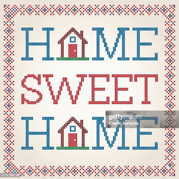 stockillustraties, clipart, cartoons en iconen met cross stitched home sweet home decoration with border design - naaien