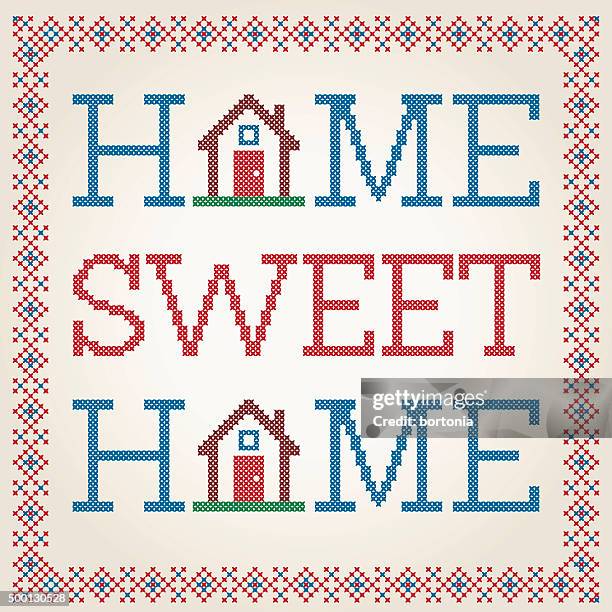 cross stitched home sweet home decoration with border design - home sweet home stock illustrations