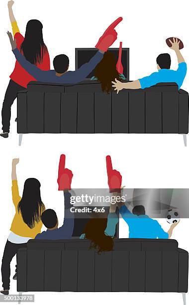 friends watching sports match on television - couple sitting on couch stock illustrations