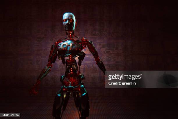 evil looking futuristic cyborg - evil stockfoto's en -beelden