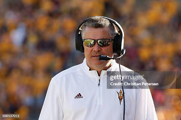 Head coach Todd Graham of the Arizona State Sun Devils stands on the sidelines during the college football game against the Washington Huskies at Sun...