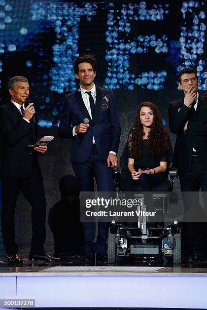 Nagui, Mika and Marc Lavoine attend the 'France Television Telethon 2015'Marc Lavoine at Hippodrome de Longchamp on December 5, 2015 in Paris, France.