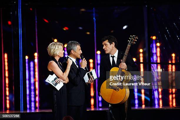 Sophie Davant, Nagui and Marc Lavoine attend the 'France Television Telethon 2015'Marc Lavoine at Hippodrome de Longchamp on December 5, 2015 in...