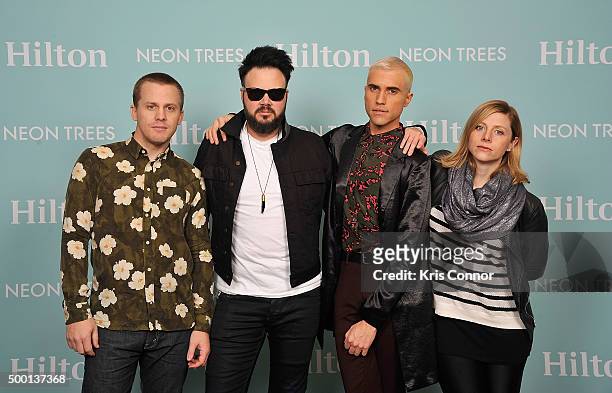 Chris Allen, Branden Campbell, Tyler Glenn, and Elaine Bradley of Neon Trees arrive for Hilton@PLAY concert at Washington Hilton in Washington, DC on...