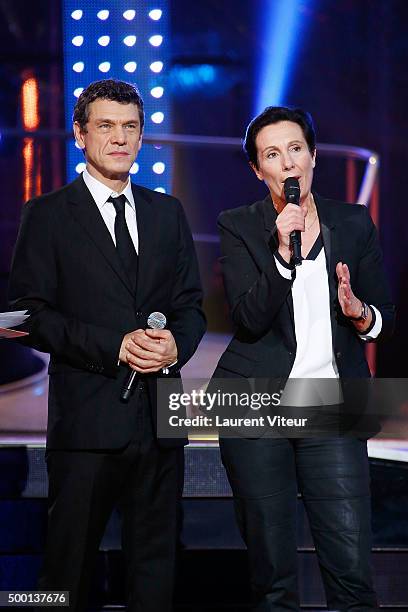 Marc Lavoine and President of AMF-Telethon Laurence Tiennot-Herment attend the 'France Television Telethon 2015'Marc Lavoine at Hippodrome de...