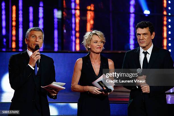 Nagui, Sophie Davant and Marc Lavoine attend the 'France Television Telethon 2015'Marc Lavoine at Hippodrome de Longchamp on December 5, 2015 in...