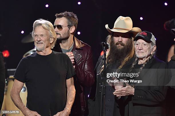 Kris Kristofferson, Eric Church, Chris Stapelton and Willie Nelson perform on stage during the Imagine: John Lennon 75th Birthday Concert at The...