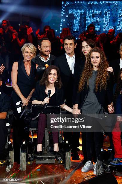 Sophie Davant, Vincent Ferniot, Marc Lavoine and President of France-Television Delphine Ernotte Cunci attend the 'France Television Telethon...