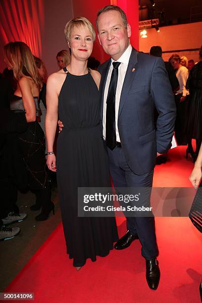 Sven Jacobsen of Haribo and his wife Cathrin attend the Ein Herz Fuer Kinder Gala 2015 reception at Tempelhof Airport on December 5, 2015 in Berlin,...