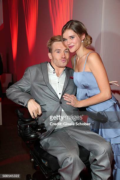 Samuel Koch and his fiancee Elena Timpe attend the Ein Herz Fuer Kinder Gala 2015 reception at Tempelhof Airport on December 5, 2015 in Berlin,...