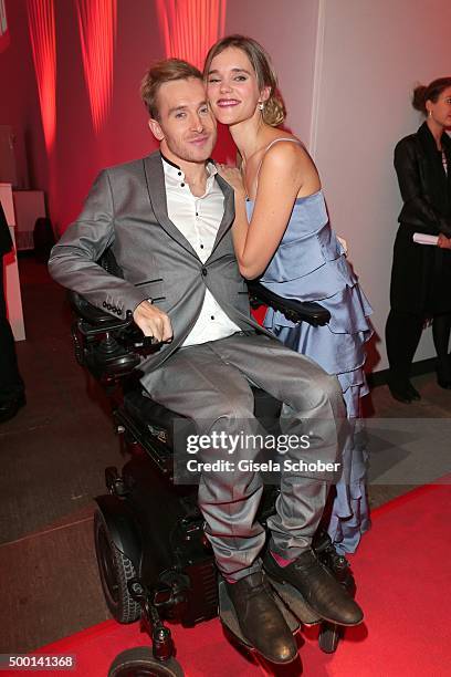 Samuel Koch and his fiancee Elena Timpe attend the Ein Herz Fuer Kinder Gala 2015 reception at Tempelhof Airport on December 5, 2015 in Berlin,...