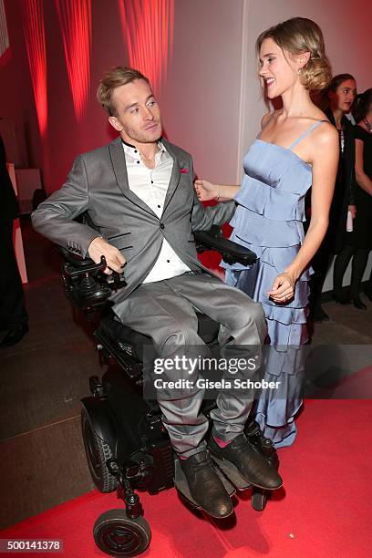 Samuel Koch and his fiancee Elena Timpe attend the Ein Herz Fuer Kinder Gala 2015 reception at Tempelhof Airport on December 5, 2015 in Berlin,...