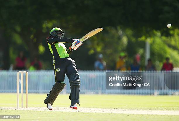 Stafanie Taylor of the Thunder bats during the Women's Big Bash League match between the Sydney Thunder and the Sydney Sixers at Howell Oval on...