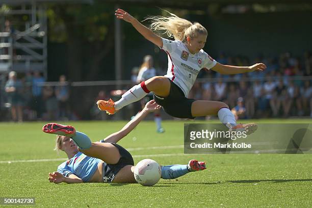 Alanna Kennedy of Sydney FC tackles Linda ONeill of the Wanderers during the round eight W-League match between Sydney FC and the Western Sydney...