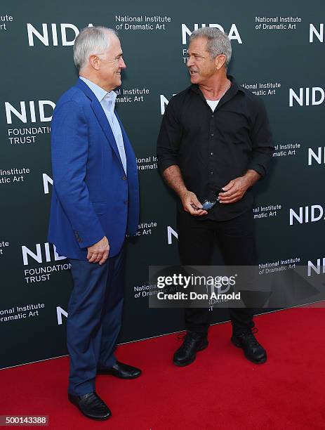 Australian Prime Minister Malcolm Turnbull talks with Mel Gibson ahead of The National Institute of Dramatic Art's new graduate school launch at NIDA...